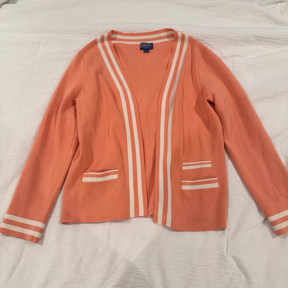 Pendleton Peach Open Front‎ Cardigan with White Stripes